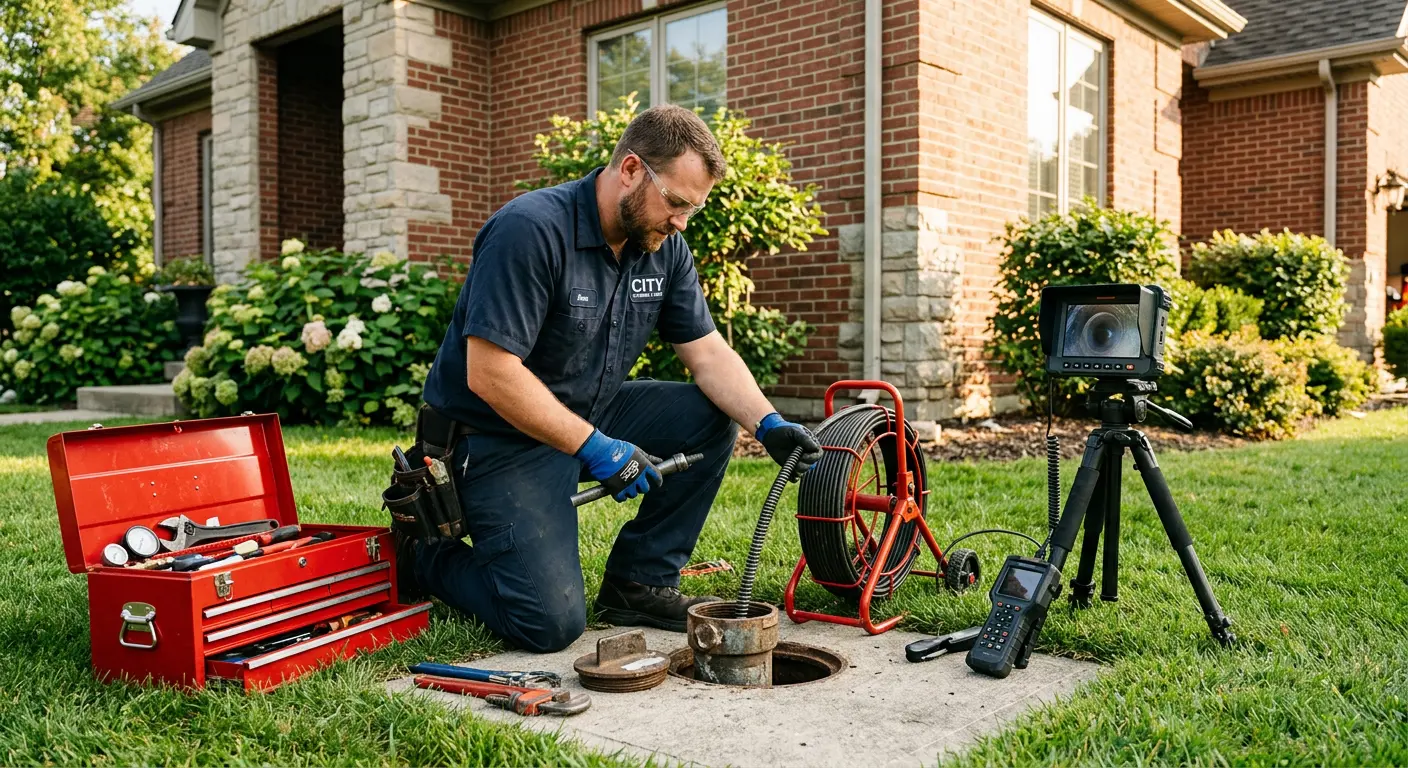 Sewer specialist with camera equipment servicing a cleanout in Eustis