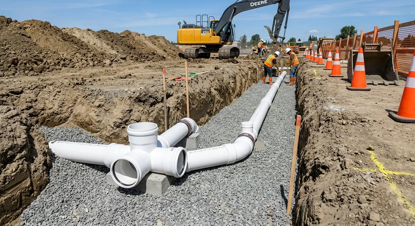 New PVC sewer pipe installation in open trench for Commercial Drain Cleaning in Eustis