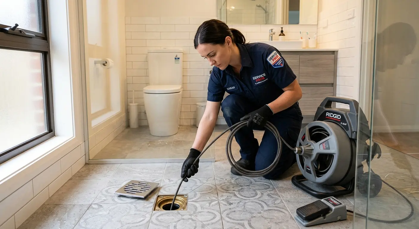Technician clearing a bathroom floor drain for Clogged Drain Repair in Eustis
